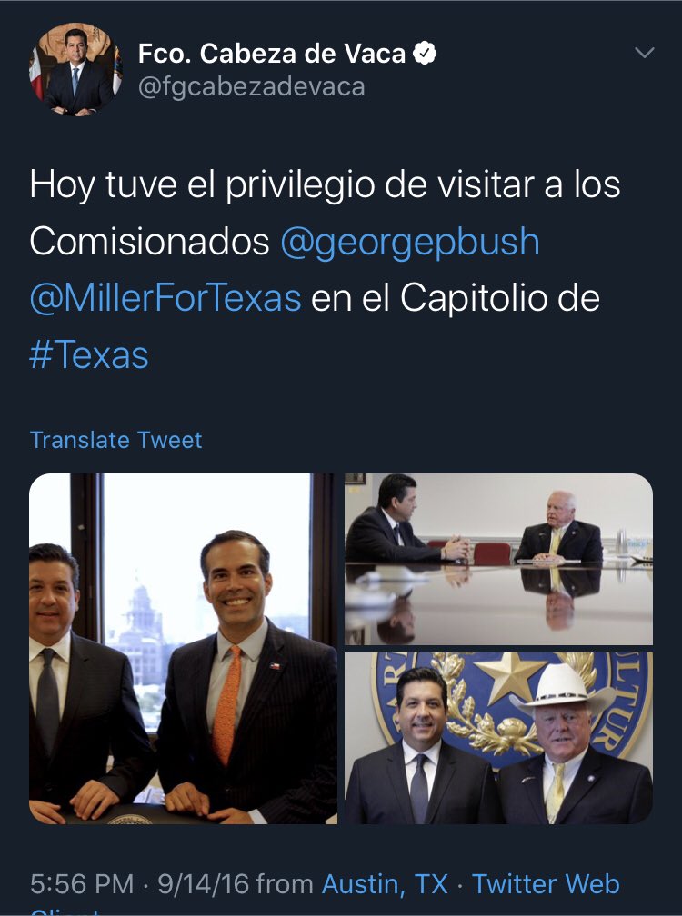 On September 14, 2016, three months after he was elected governor of Tamaulipas, Francisco García Cabeza de Vaca travelled to the Texas capital and met with the Texas Agriculture Commissioner, Sid Miller. The Governor of Texas, Gregg Abbott, refused to meet with him.