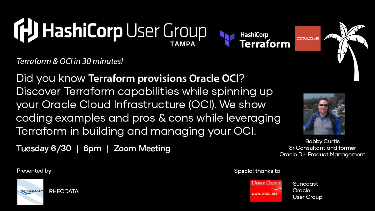 RheodataLLC's tweet photo. Catch @dbasolved tomorrow night at 6 pm EST talking about #OCI and #terraform.

https://t.co/ntemxtzFTh

@OracleCloud @HashiCorp #InfrastructureAsCode #usergroups @odtug @IOUG @RMOUG_ORG @UKOUG #OracleCode https://t.co/zO8YJdJHWg