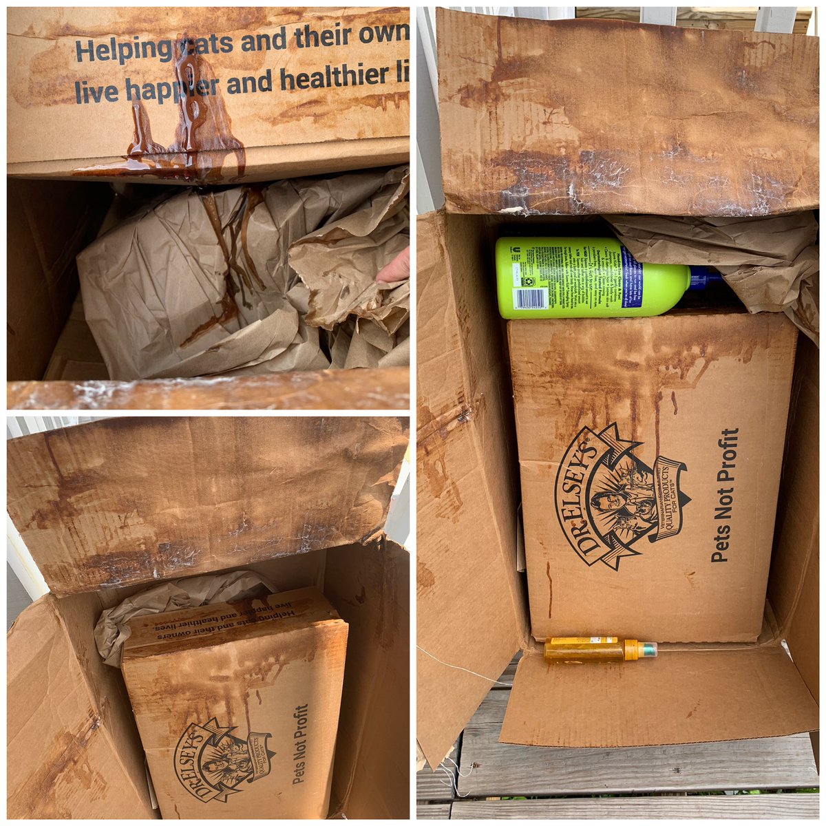 BasicLindsey's tweet photo. @amazon wants me to send back the damaged empty bottles... who ships shampoo like this with 40 pounds of cat litter??? #AmazonPrime #amazonfail #whatamess #covid19 https://t.co/OmUFGLUgz3