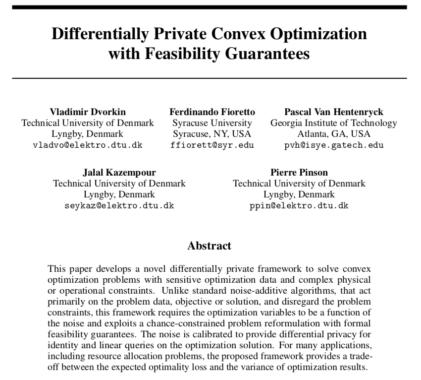 - How to release an optimal solution privately without saying much about opt data? - Easy! Add a calibrated noise to optimization results. - But how do you ensure feasibility? - Well… That’s where we started off with our new work. See the thread   https://arxiv.org/pdf/2006.12338.pdf