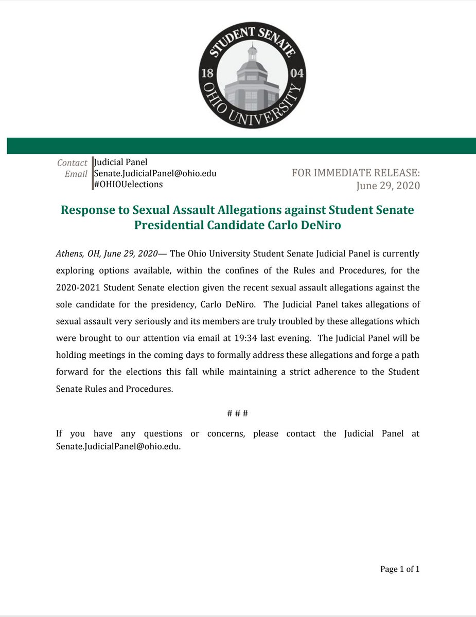 Here is our current statement regarding the allegations against Carlo DiNero. The Judicial Panel takes sexual assault and allegations very seriously, please allow us the time it takes to sort out this current situation. #OHIOUelections