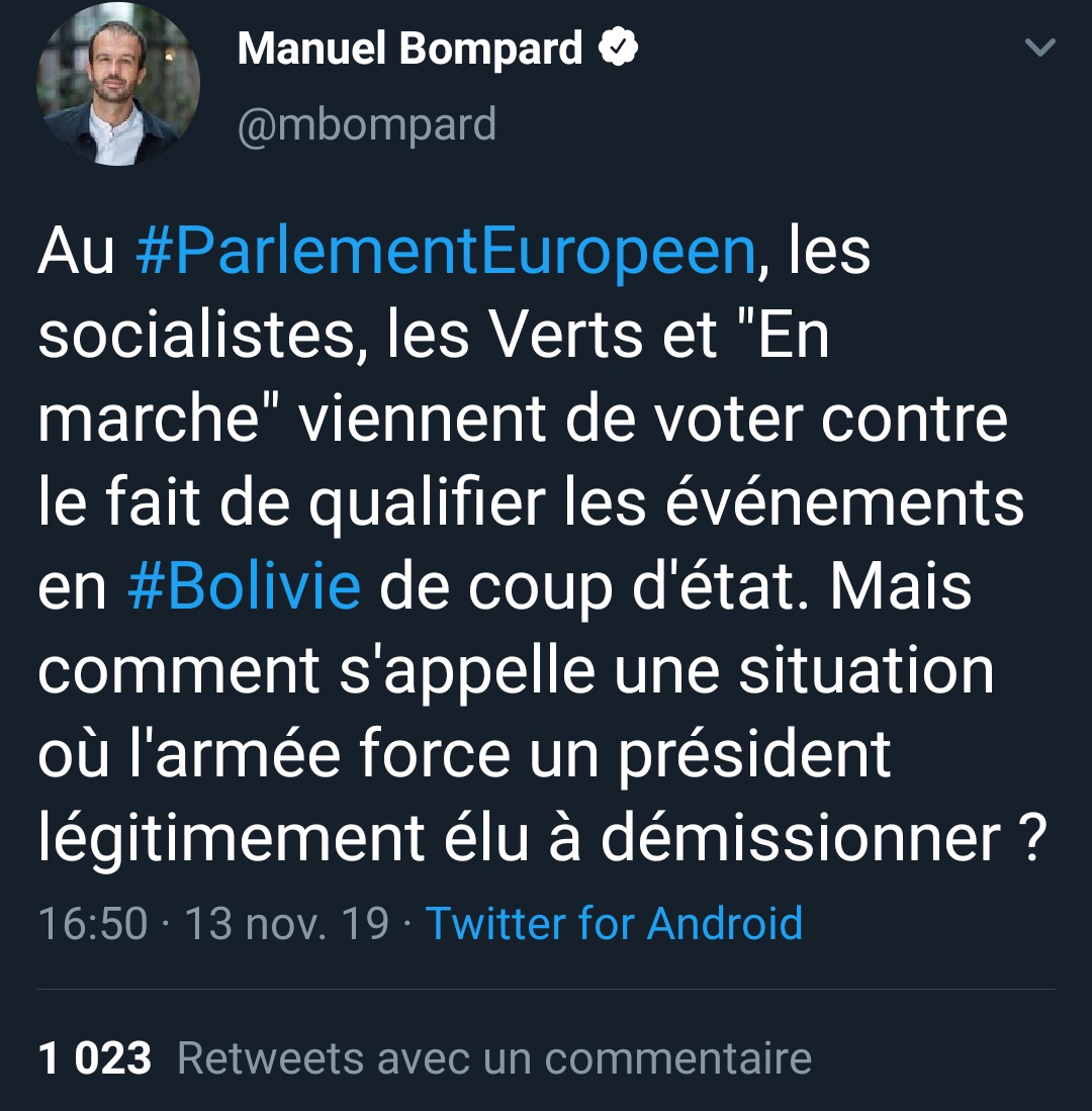 (Au passage la pollution n'est pas plus prioritaire que la lutte contre l'installation de régimes fantoches dans des pays pauvres pour défendre nos appros en matière première) Coucou le silence d'EELV sur la Bolivie, y'a bon le lithium pour la "révolution" électrique7/