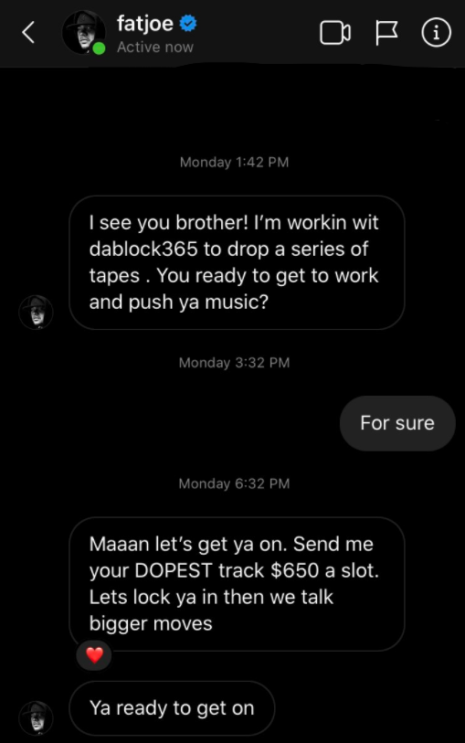 Armed with these social media handles, the company, DaBlock365, then begins DMing artists from the notable rapper's accounts. The messaging is typical motivational BS:"Ready to push your music?" "Ready to invest in your career?" "Hard work pays off, let's get you on"