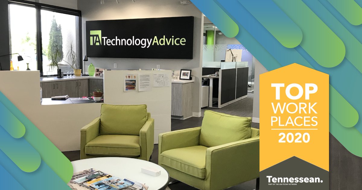 Technology_Adv's tweet photo. TechnologyAdvice is proud to be nominated as a #Tennessean Top Workplaces 2020 winner for the second year in a row! Rankings will be announced at the #TopWorkplaces awards ceremony in August. Stay tuned!

https://t.co/HceJdxY4Ip https://t.co/zkfAbq5E6j