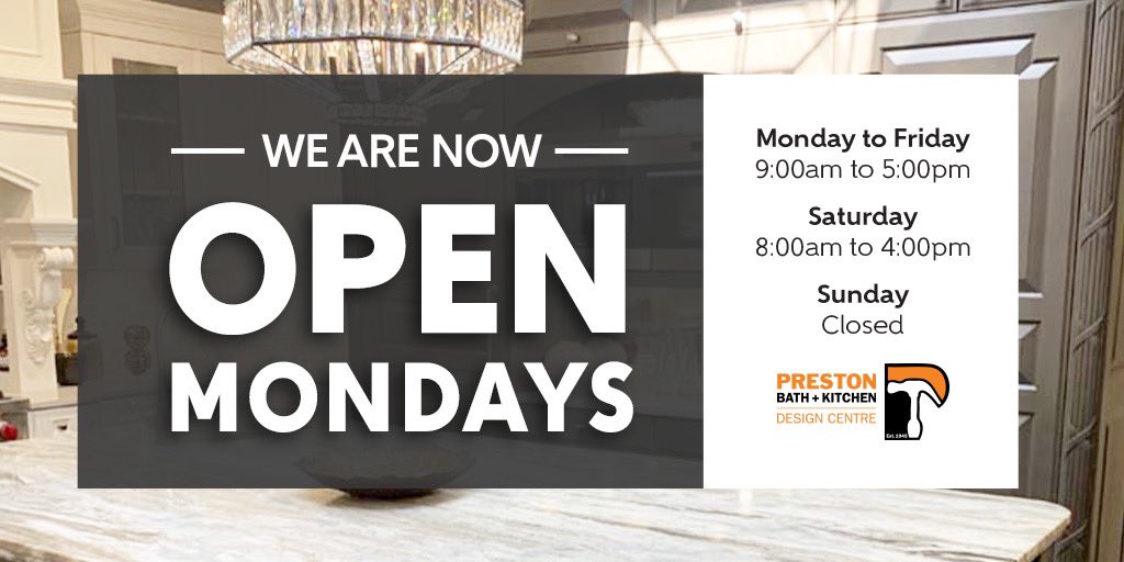 prestonhardware's tweet photo. #PrestonDesignCentre | We have a new update to share with you! You can now visit us on Mondays through Friday from 9 to 5 and on Saturdays 8 to 4. Whatever your design need, we’re here to help! #PrestonSt #PrestonHardware #OttawaDesign https://t.co/58blQhAQQH