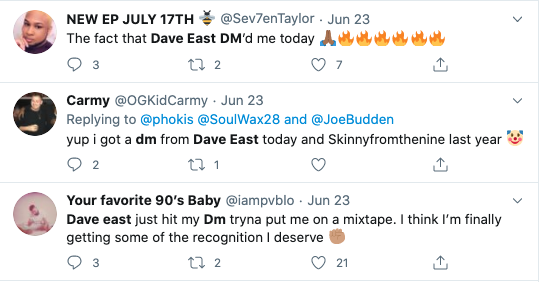 Of course, the artists on the receiving end of these DMs cannot believe artists like Fat Joe, Jadakiss, Benny The Butcher, etc..., are reaching out, TO THEM, about a mixtape placement. Here are just some of their public reactions on Twitter: