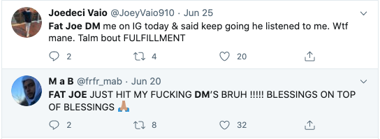 Of course, the artists on the receiving end of these DMs cannot believe artists like Fat Joe, Jadakiss, Benny The Butcher, etc..., are reaching out, TO THEM, about a mixtape placement. Here are just some of their public reactions on Twitter: