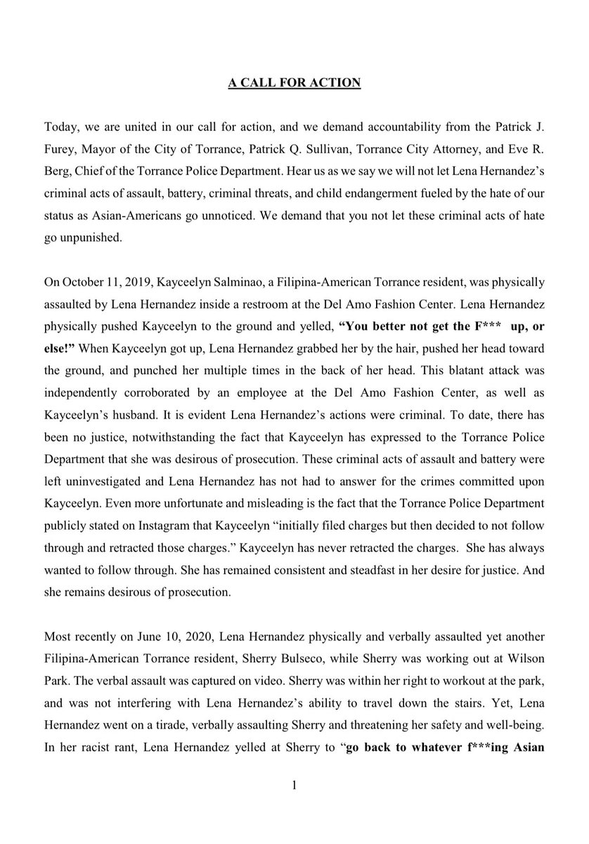 kayceelyn_a's tweet photo. 🗣 A Call For Action! Spread the word! ✊🏽 The three victims of #LenaHernandez demand justice. Do not let these crimes go unaccounted for! Here is our statement. @TorrancePD @MayorPatFurey #CityAttorneyPatrickSullivan https://t.co/5ZOibswGdN