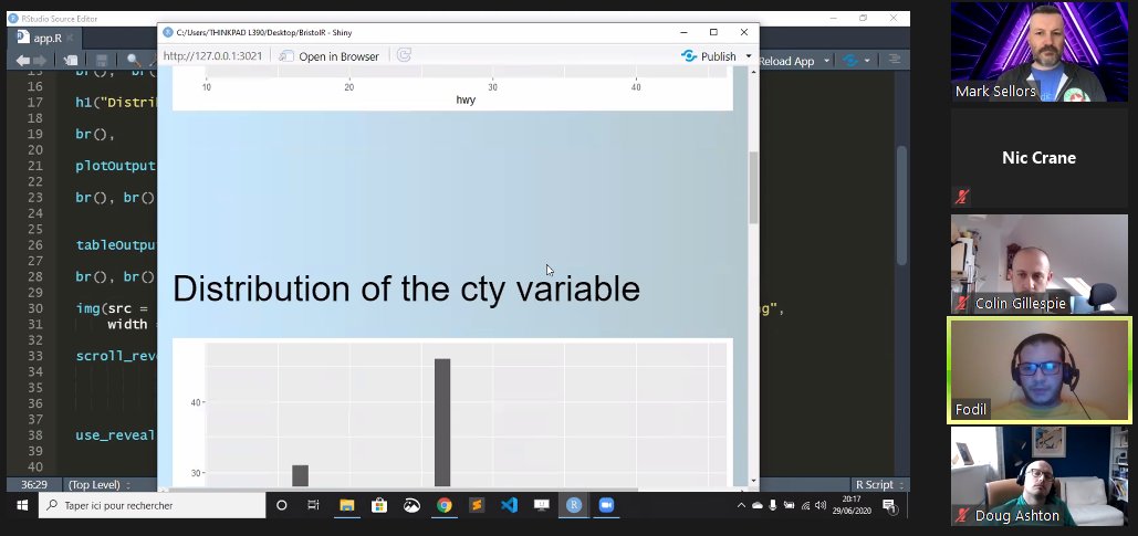 BristolRUsers's tweet photo. We now have @moh_fodil, presenting on scrollRevealR, a package designed to work with Shiny, and used for animating the display of objects on a page as you scroll, nice! https://t.co/7fAJNrTUWx #rstats #BristolR https://t.co/cpCQCwn96O