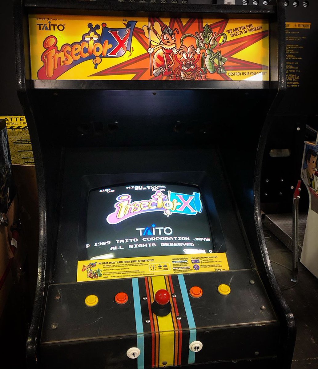 barcade's tweet photo. Meanwhile back at the shop: we just put together this super rare Insector X by @Taito. Cool, fun shooter! Arcade version is the same gameplay as the more well known Sega Genesis version, but the theme is totally different and more cartoony. #Barcade #InsectorX #Taito #ArcadeGames https://t.co/huadKZNrZe