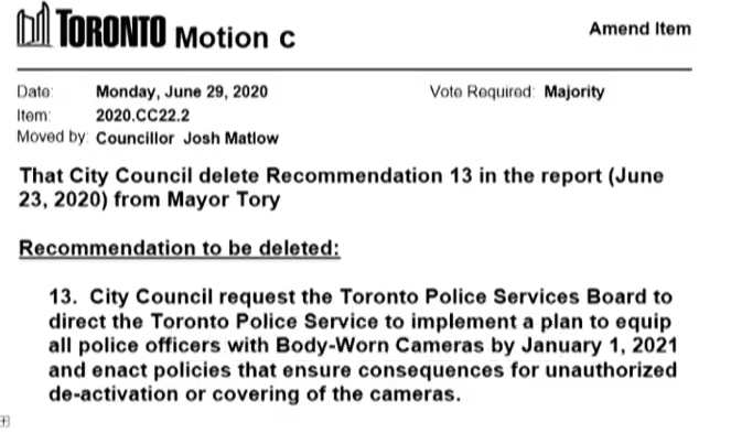 Matlow’s also has a motion to delete Tory’s recommendations re: body cameras.