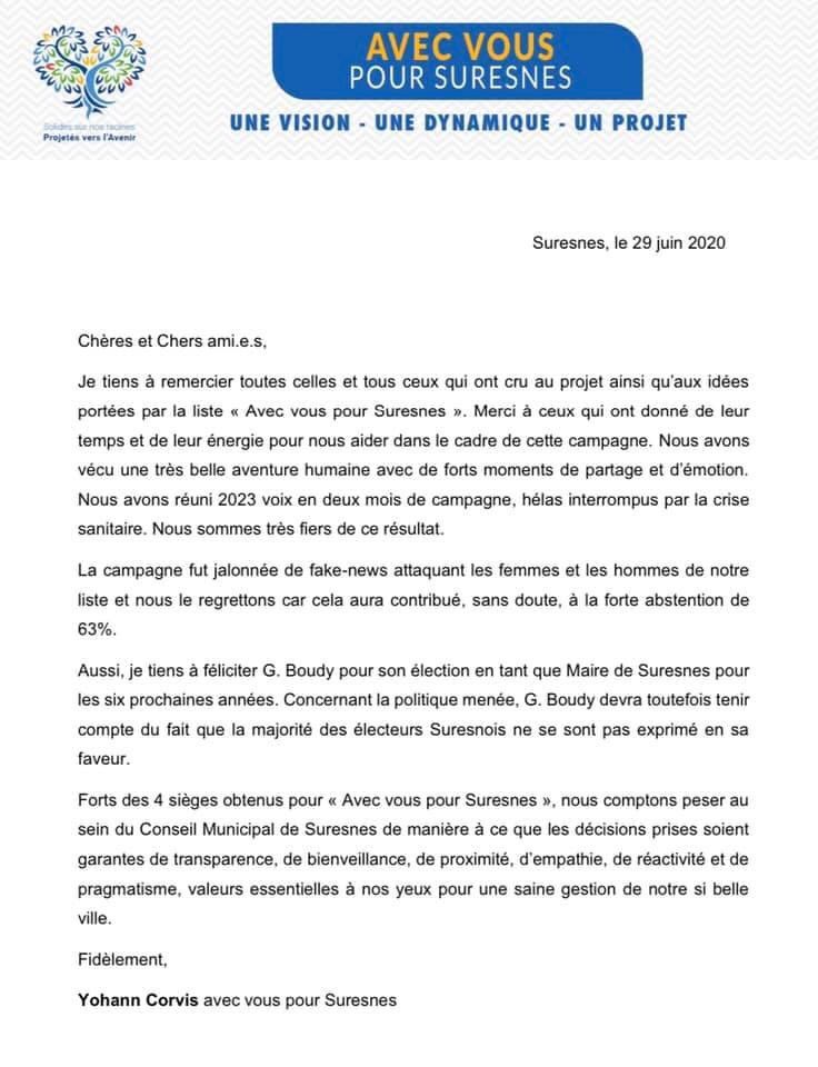 Merci à toutes celles et tous ceux dont j’ai fait la connaissance durant cette formidable campagne. Merci aussi à celles et ceux qui me suivent depuis de nombreuses années. Vous avez fait de notre projet alternatif une chance pour Suresnes.
#Election2020 #Municipales2020