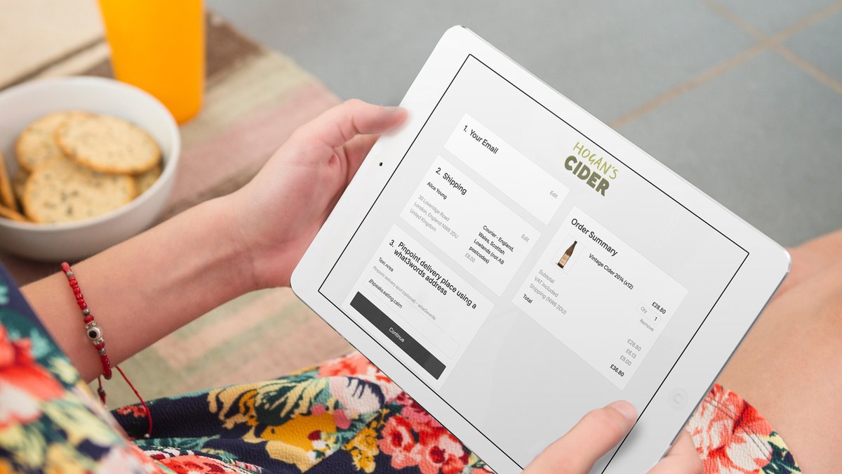 woman placing order at Hogan's cider using a what3words address in delivery field