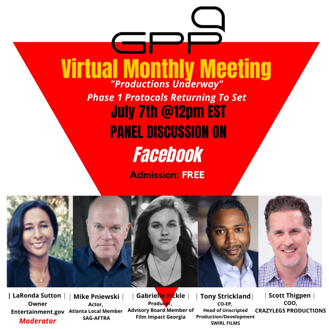 GA_Production's tweet photo. Panelists have been announced for our next virtual meeting! Tune in on July 7th for "Productions Underway: Phase 1 Protocols Returning To Set" #Facebook #GAFilm #georgia #GeorgiaProduction #GAProduction #ATL #Atlanta #Entertainment #FilmIndustry #GPP #COVID19 #TVProduction #TV https://t.co/ZhzSWSta9m