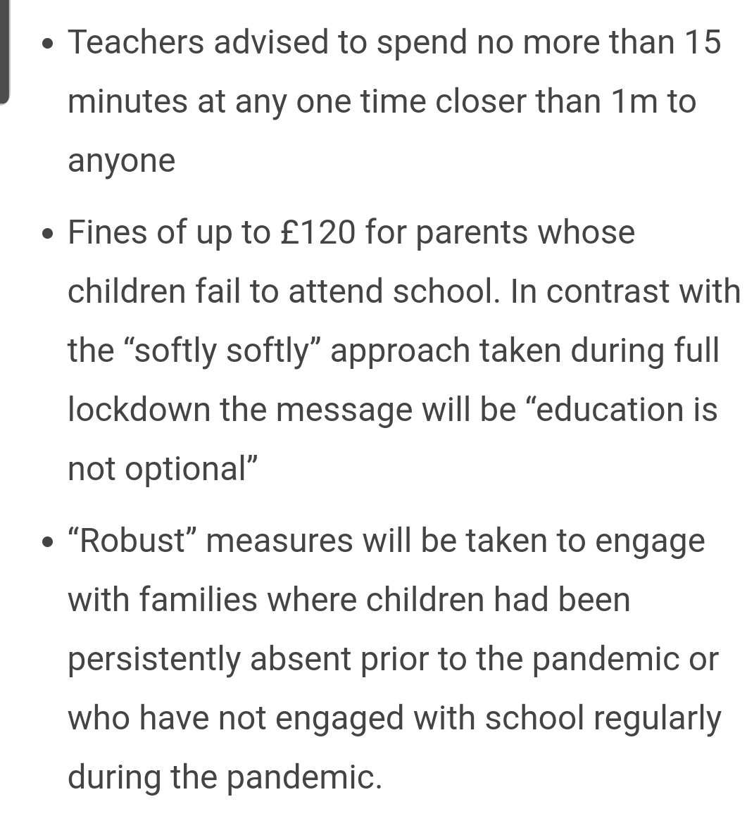 13/ Earlier it said teachers stay 2m away where possible, here it says 1m for no more than 15mins, but its advisable so on reality this isnt going to be able to happenFines: with shielding letters ending those households who dont feel comfortable will be divided by income