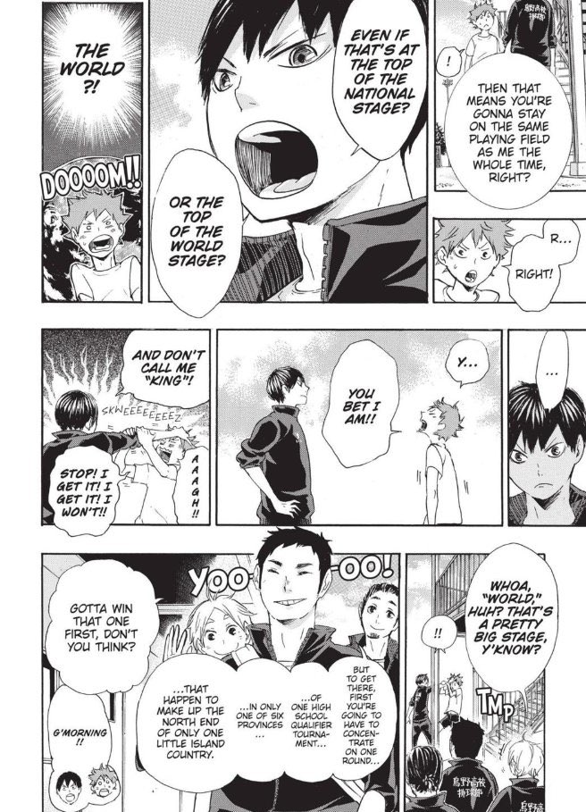 Also, I don’t doubt there’ll be a callback in some way to 37, because -“even if that’s at the top of Japan? *the world*?”—>they’ve already broken into v league div 1.—>Kageyama breaking into FLs “next year?”—>asking to set for Hinata being, again, Asking To Stay Together.