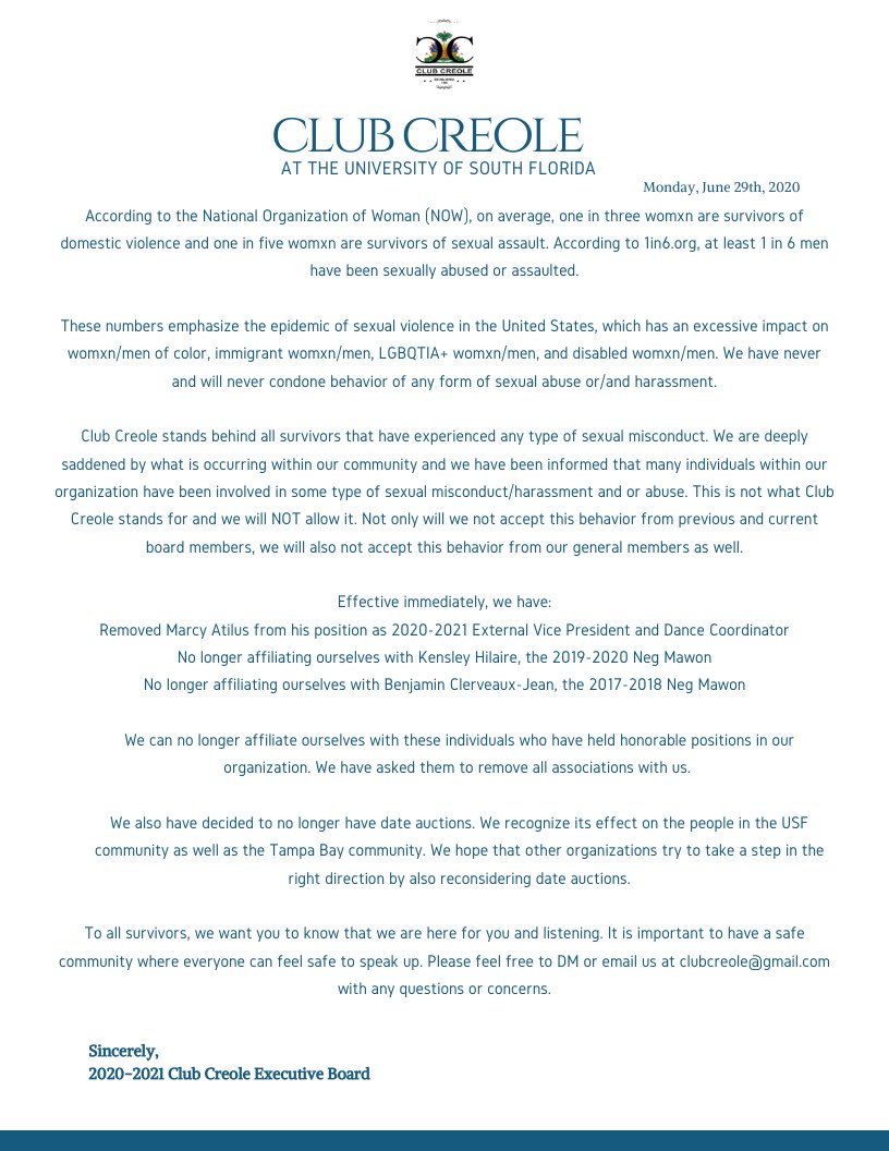 USFClubCreole's tweet photo. This is the statement from Club Creole in regards to the sexual misconduct. “There remains what seems like an impenetrable wall of silence around violence and we must allplay a role in breaking this silence.” – Reese Witherspoon https://t.co/T26EjSUCPj