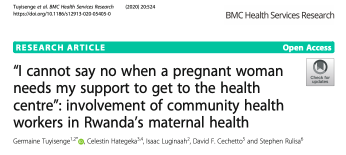  In Rwanda , "maternal  #CHWs are volunteers operating in limited resource settings w/ no formal training in  #maternalhealth & w/ considerable workloads"This translates into challenges regarding quality & quantity of svcs CHWs provide in communities https://bmchealthservres.biomedcentral.com/track/pdf/10.1186/s12913-020-05405-0