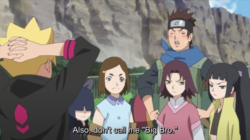 Konohamaru always pretending that it bothers him when Boruto calls him big bro—