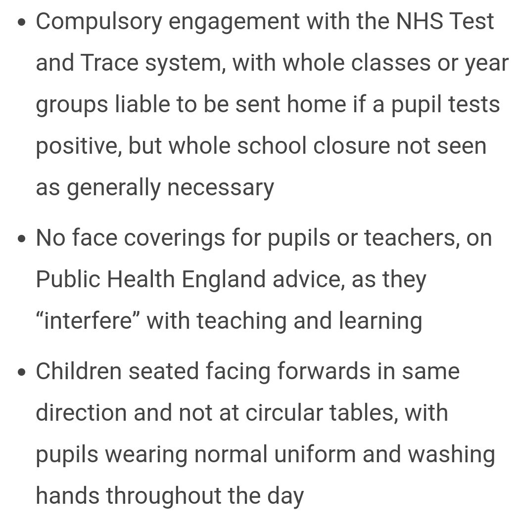 8/ I assume this means that staff will have to be attached to specific year groups? Otherwise they will be mixing 'year group bubbles'Interesting that PHE have made a judgement on masks in regards to teaching and learning rather than on public health.