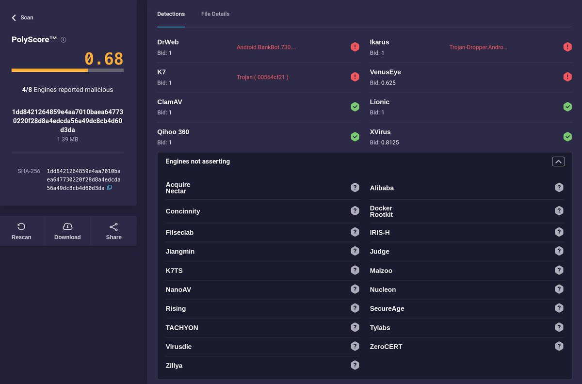 PolySwarm's tweet image. Our threat feed has been updated with the latest version of #EventBot samples (v0.4.8.15), all of them first seen in PolySwarm. This one in particular cannot be found in @virustotal or @koodous_project

polyswarm.network/scan/results/f….