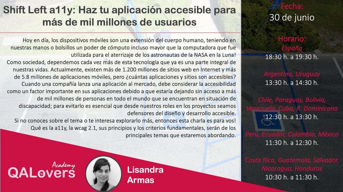 lisyarmas's tweet photo. 🔜Mañana estaré junto a la comunidad de @qaloverscom conversando sobre #shiftlefta11y 
Te esperamos! ❤️
Link de inscripción: https://t.co/YzLAgsVZc3 https://t.co/z9fi9ylBA2