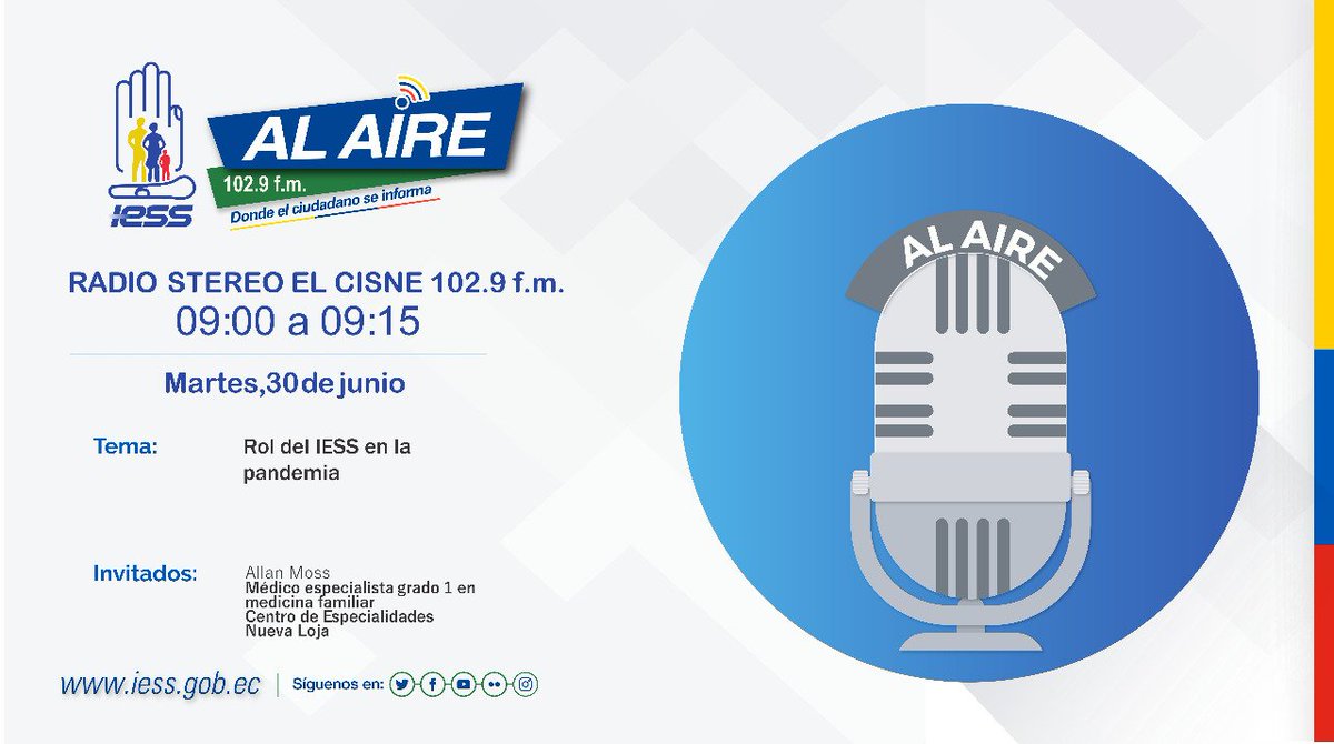 #IESSEnMedios | Este martes, 30 de junio, por Radio El Cisne, Allan Moss,  médico del Centro de Especialidades Nueva Loja del <a href="/SucumbiosIess/">IESS Sucumbíos</a>, informará a la ciudadanía sobre las acciones del <a href="/IESSec/">IESS</a>, durante la pandemia.

#IESSPorTi