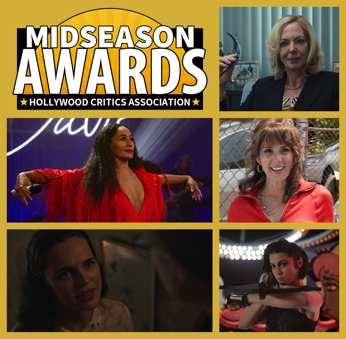 The nominees for Best Supporting Actress are:Allison Janney, Bad Education Marisa Tomei, The King of Staten Island Mary Elizabeth Winstead, Birds of PreyOdessa Young, Shirley Tracee Ellis Ross, The High Note  #TheHighNote  #Shirley  #BirdsofPrey  #BadEducation  #HBO