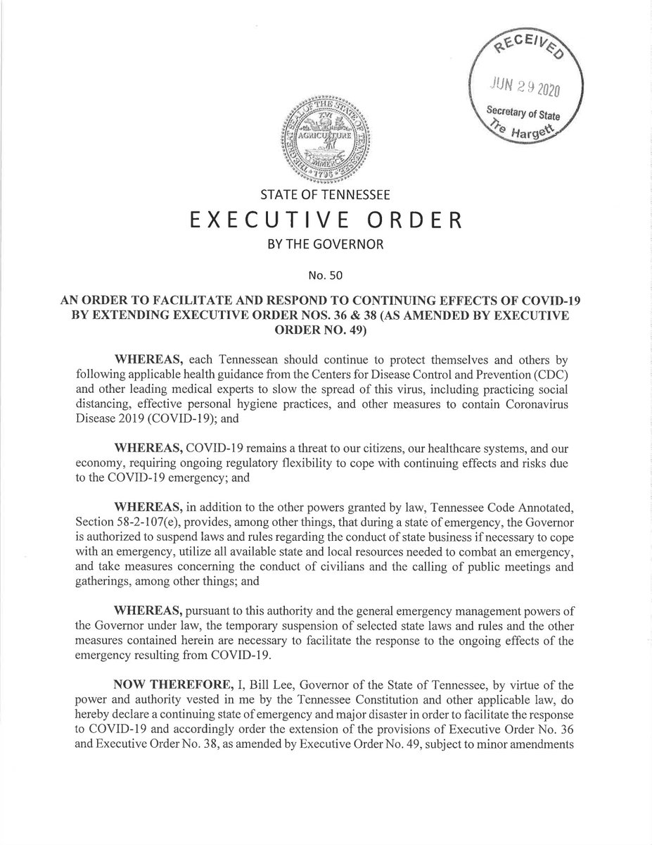 GovBillLee's tweet photo. Today, I signed Executive Order No. 50, which extends the State of Emergency in Tennessee to Aug. 29, and promotes regulatory flexibility and social distancing measures.

Read more: https://t.co/6oO2FAhQfI https://t.co/7Eu8Rl7pn8
