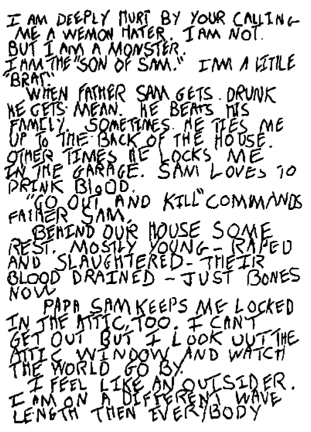 April 17th, 1977: Two youths are shot and killed in the Bronx. The following letter was found in the road, addressed to NYPD Captain Joseph Borrelli.