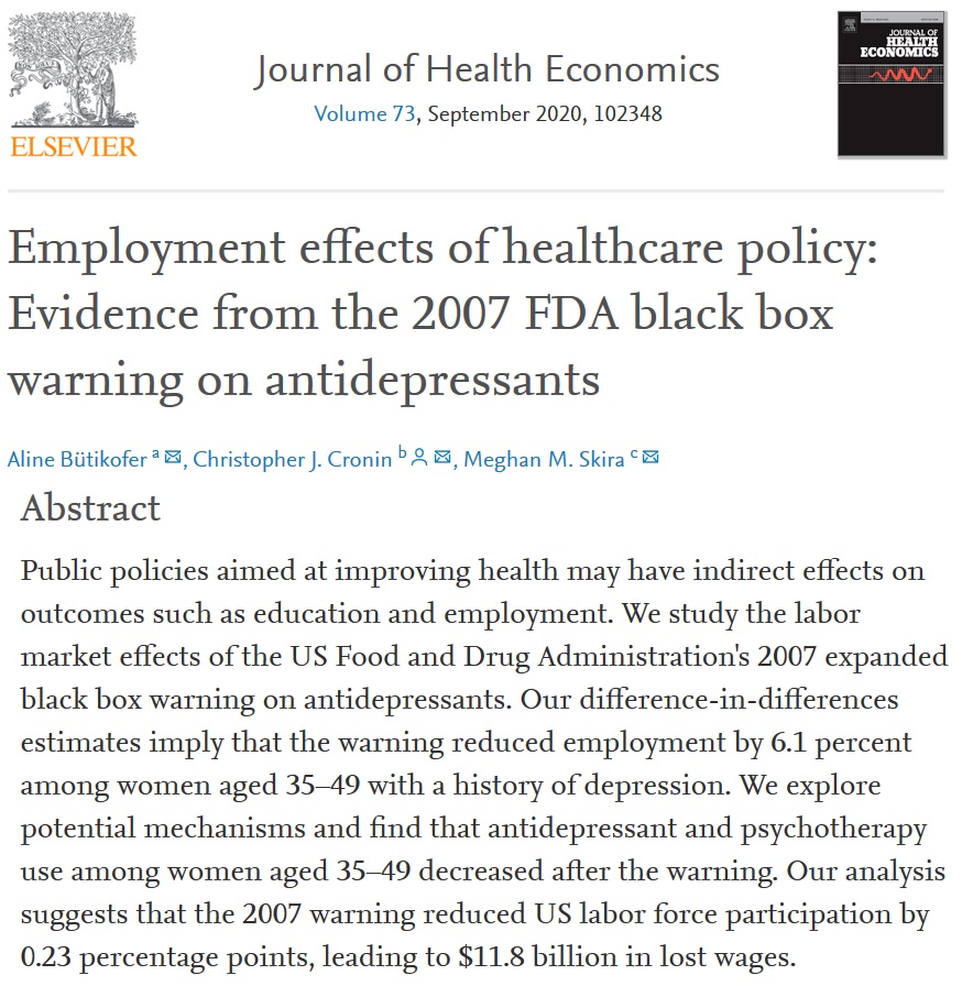 Happy to have our paper on the employment effects of the 2007 FDA black box warning on antidepressants out in JHE now: sciencedirect.com/science/articl…
The best part is that I got to work with Chris Cronin <a href="/NotreDame/">University of Notre Dame</a> and Meghan Skira <a href="/universityofga/">UGA</a>.