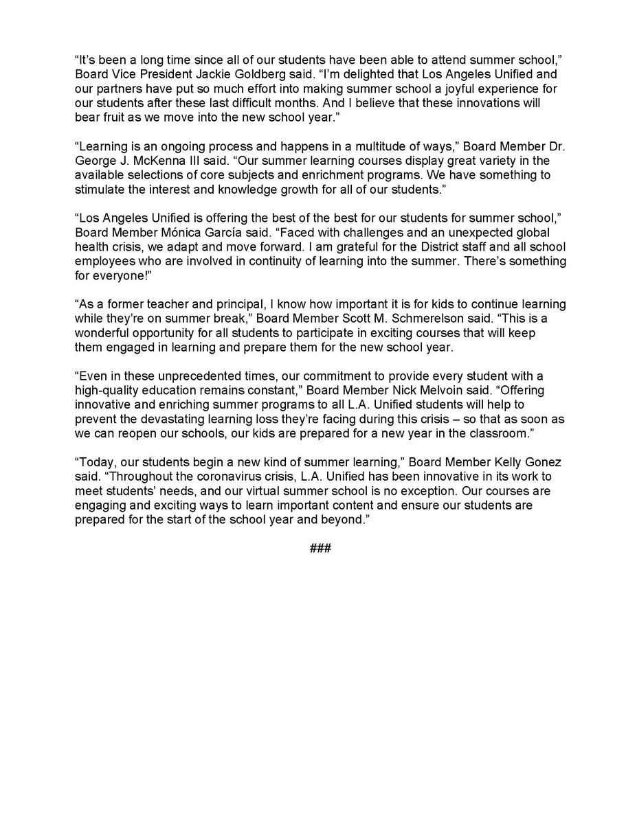 Record Summer School Enrollment in Los Angeles Unified - Los Angeles Unified announced more than 100,000 students are starting their first full week of online summer school sessions today. bit.ly/3eLisHZ