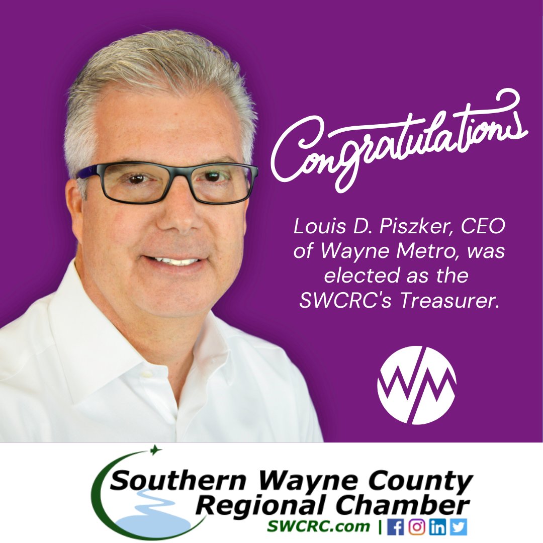 WayneMetroCAA's tweet photo. Congratulations to our very own CEO, Louis D. Piszker, for being elected Treasurer of the Southern Wayne County Regional Chamber!
#TeamWayneMetro #SWCRC #CongratsLouis https://t.co/0hhxGJpfcl