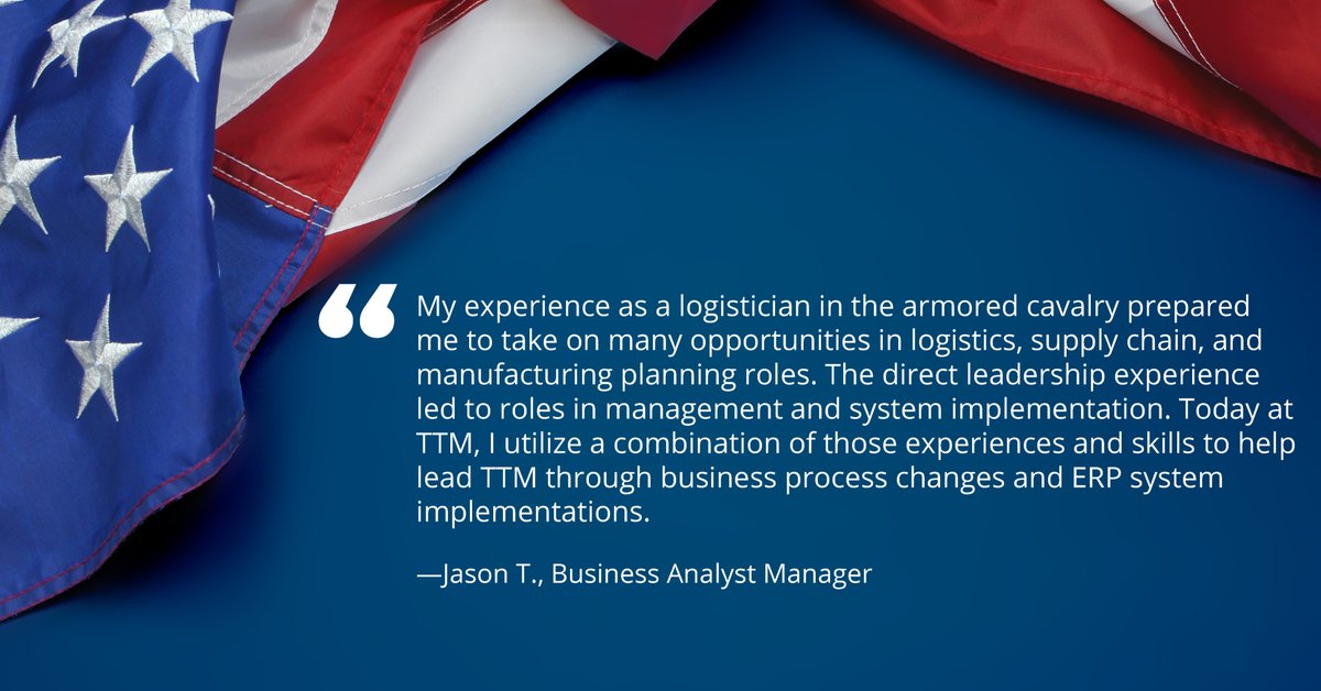 ttm_tech's tweet image. We&apos;re proud to employ veterans at all levels of our organization: veterans know what &quot;performance excellence&quot; means, and they deliver it to our customers, every day.

Inspired careers start here: ow.ly/RhPh50A0b1f

#inspiringinnovation #ttmtech #jointtm #nowhiring #veterans