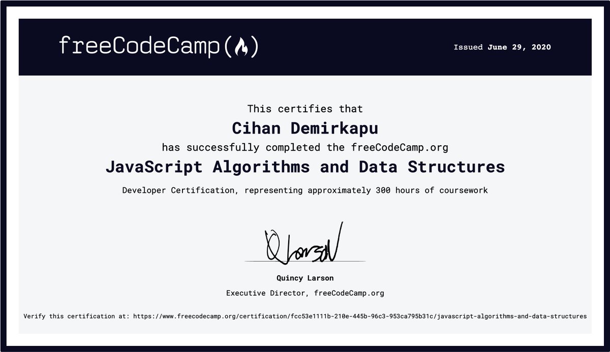 CChabal's tweet photo. Been pretty busy these last couple of days here out in the country. But I finally finished the #javascript section at #freeCodeCamp 
The algorithm scripting and projects were fun and educational. Gonna try to get back to my everyday routine and program more #100DaysOfCode https://t.co/CCJszOOoGn