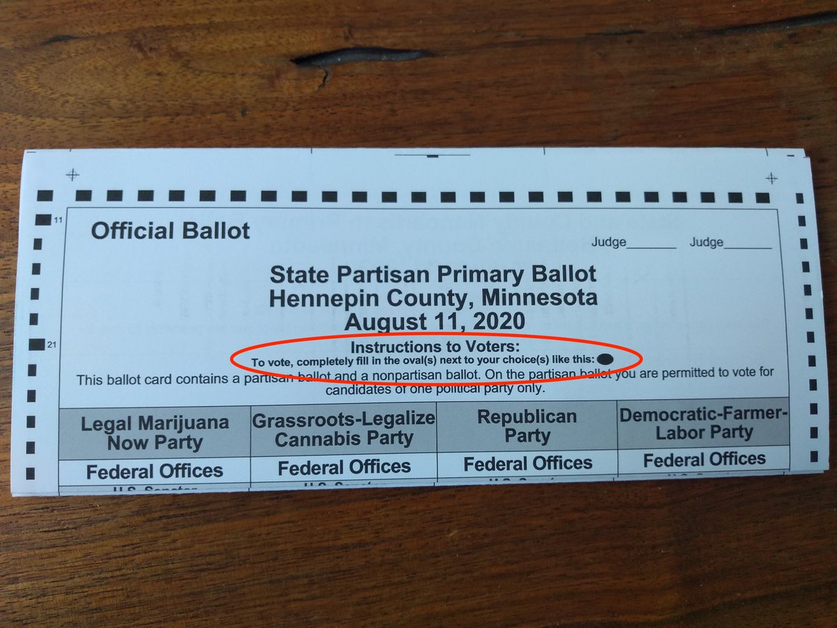 Tip 3: Indicate each vote by filling in the target next to your choice. For most Minnesotans, like me, that means filling in an oval. In some parts of the state it is a rectangle. Either way, a completely filled-in mark indicates your choice.