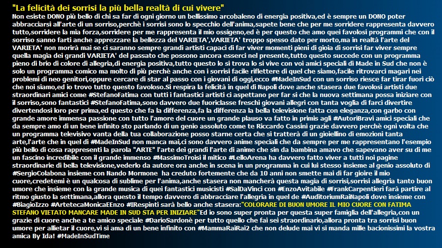 PanariellinaIda's tweet photo. @RaiDue @riccardocassini @vittoriafatima @ste_demartino
@madeinsud_rai #NandoMormone @biagioizzo1 @ArtetecaOf @i_Respinti @EnzoAvitabile @CLEMENTINOIENA @Dj_FCarpentieri @dariosardone "#MadeInSud colora mio❤buon umore"Amo che siete tornati alLunediCosiSiIniziaBeneLaSettimanaLove https://t.co/2kZyUWdGKQ