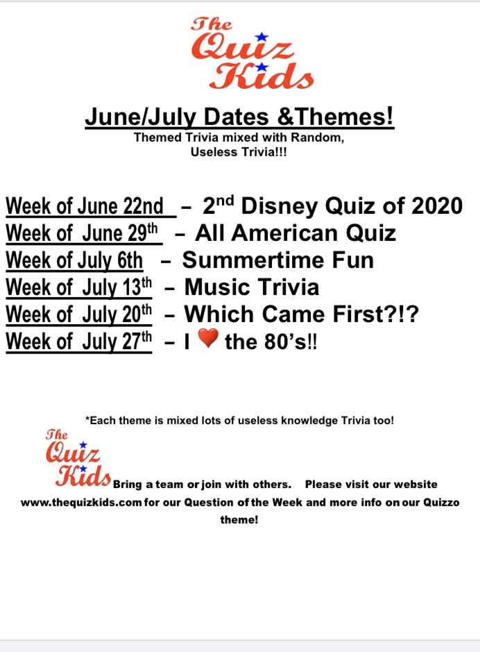 The Quiz Kids On Twitter Discos Nope Gym Nope Quizzo Yes 2 Locations This Week Monday Schileens 7 Pm Outside Tuesday Oaklyn Manor 7 Pm On The Famous Deck Prizes Fun Food