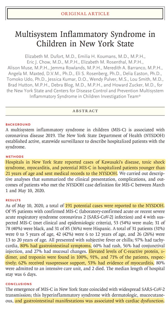 Here is the New York State report today of 99 patients https://www.nejm.org/doi/full/10.1056/NEJMoa2021756?query=featured_coronaviruswith clusters of manifestations (the high % skin, GI, cardiac, neurologic, KD=Kawasaki's), therapy used, and associated diagnoses