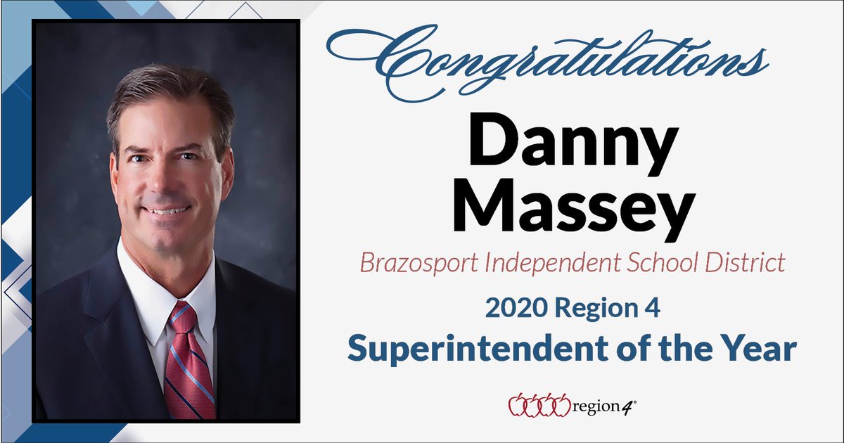 Region4ESC's tweet photo. We are #R4Proud to announce @BrazosportISD's @DannyMassey44 as 2020 Region 4 Superintendent of the Year. Congratulations Mr. Massey! #TXED #InspiringLeaders https://t.co/DSnmpYsFqF