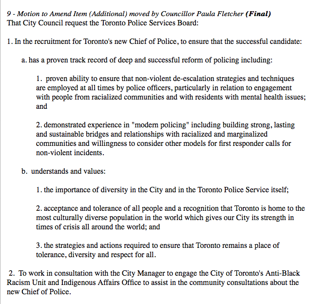 Councillor Fletcher has a motion requesting the police board ensure the new police chief has a track record and holds certain values.