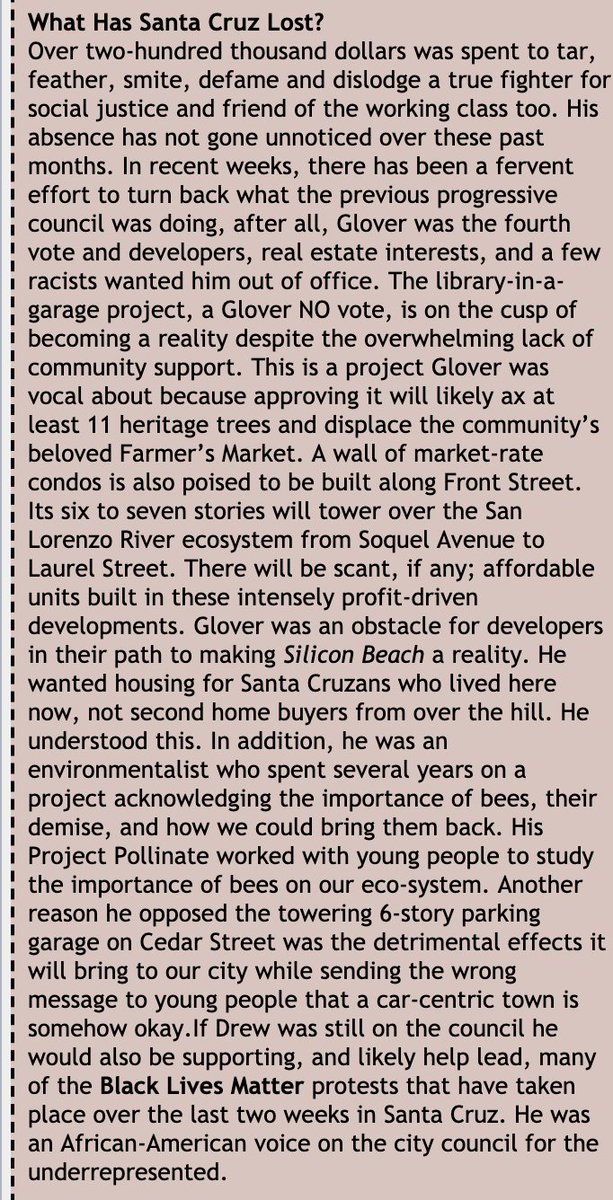 nogrowthsc's tweet photo. Am I still bitter about the "developers, real estate interests, and a few racists" buying the recall election and voting out Drew Glover? Absolutely! Because of this Santa Cruz is going to become "Silicon Beach" and will be filled with only second-home buyers from over the hill. https://t.co/Fub9zZxmcR