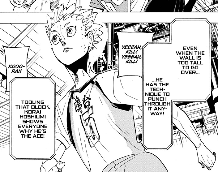 Though this chapter starts out with a Hoshiumi highlight reel, showing off his specialty of tooling blockers and making use of the opponent's height to find an opening, we start learning that he hasn't always been a seasoned veteran.