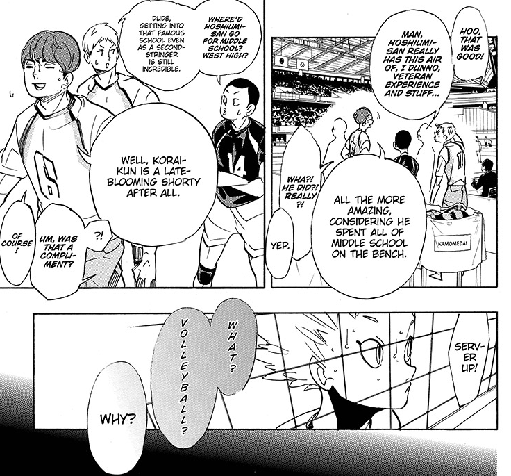 Even the other Kamomedai teammates are shocked to hear that Hoshiumi was a "bench player" throughout middle school. He's a U19 rep and an ace that took Kamomedai to the Top 8 for Nationals twice in a row, but he is still, essentially a "late bloomer." Something people overlook