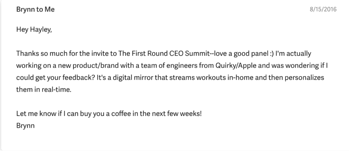 3/ Fast forward to 2016, when I invited  @BrynnPutnam to attend the  @firstround CEO Summit in SF. Brynn responded and asked for my feedback on a new concept she was noodling on: A “digital mirror that streams workouts in-home and then personalizes them in real-time.”