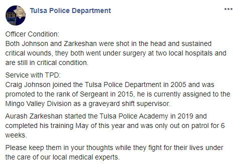 TulsaPolice's tweet photo. Officer Condition:
Both Johnson and Zarkeshan were shot in the head and sustained critical wounds, they both went under surgery at two local hospitals and are still in critical condition.

Service with TPD:
Craig Johnson joined the Tulsa Police Department in 2005 and was... https://t.co/nQnj6JQiNJ