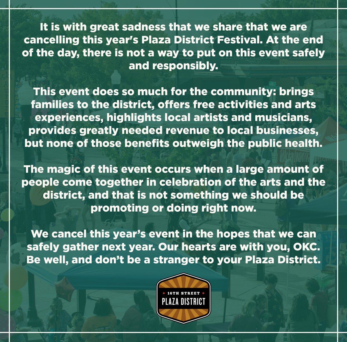 It is with heavy hearts that we announce the cancellation of the Plaza District Festival. Stay tuned for further updates and don’t be a stranger. Be well, OKC ❤️