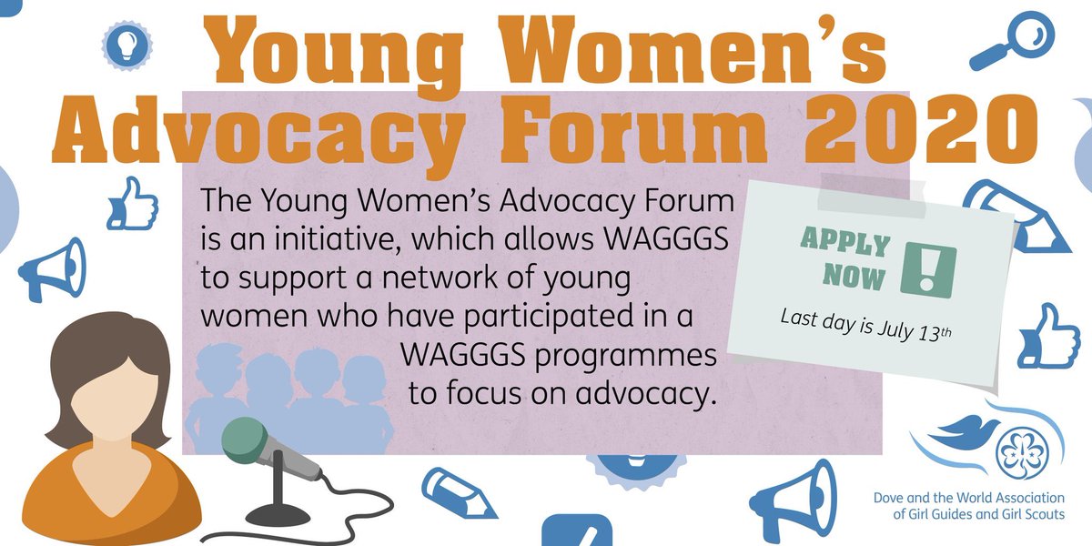 YWAF 2020 will provide young women with opportunities to lobby global decision makers at the virtual UN General Assembly. 

Apply by 13 July! 
wagggs.org/en/news/join-t…

#ActionOnBodyConfidence #YWAF2020 #DigitalAdvocacy #YouthAdvocates #SpeakOut