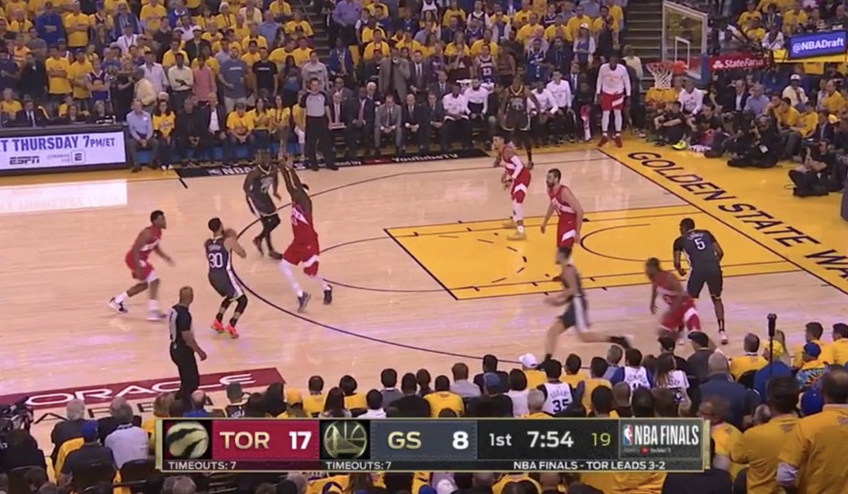 Double team on CurryIguodala gets a wide open three, misses