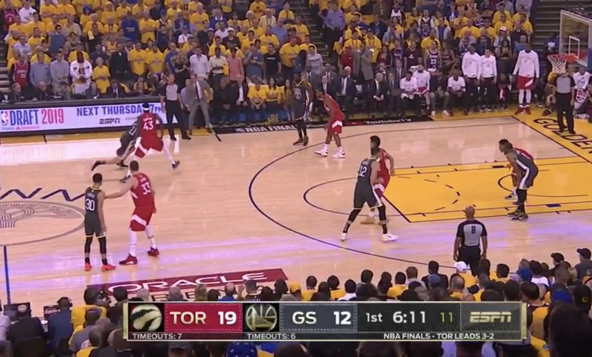 Gasol has to stay 40 feet away from the rim because of CurryKlay Thompson gets a wide open three, makes